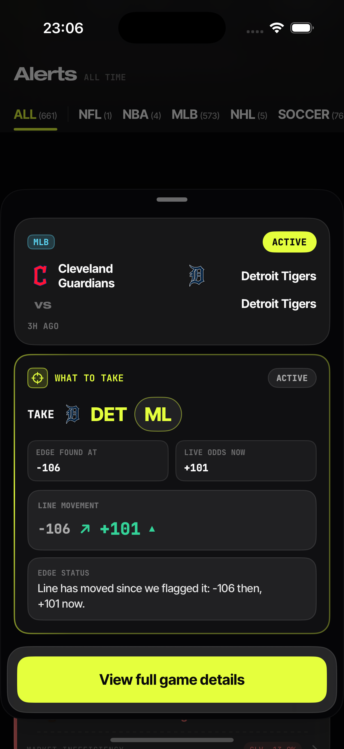 Midgame Alert Detail on iPhone showing an analytical pick and its line