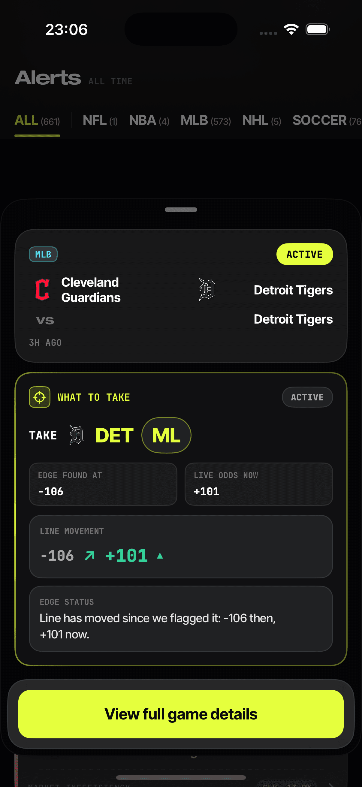 Midgame Alert Detail on iPhone showing the recommended side and the line